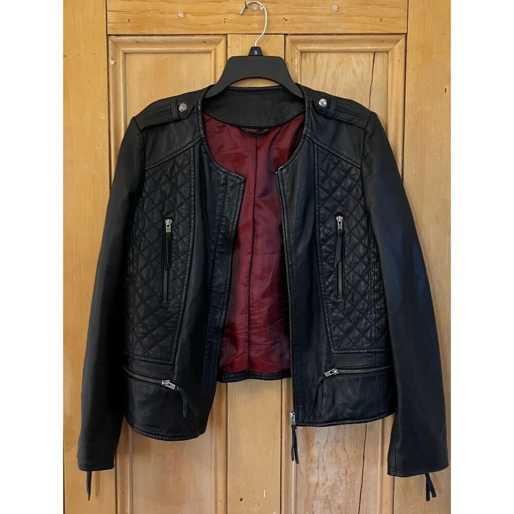 Kookai Black Leather Jacket with Burgundy Lining